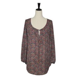 Living Doll Floral Patterned Scoop Neck Tie Long Sleeve Boho Tunic Top Size L